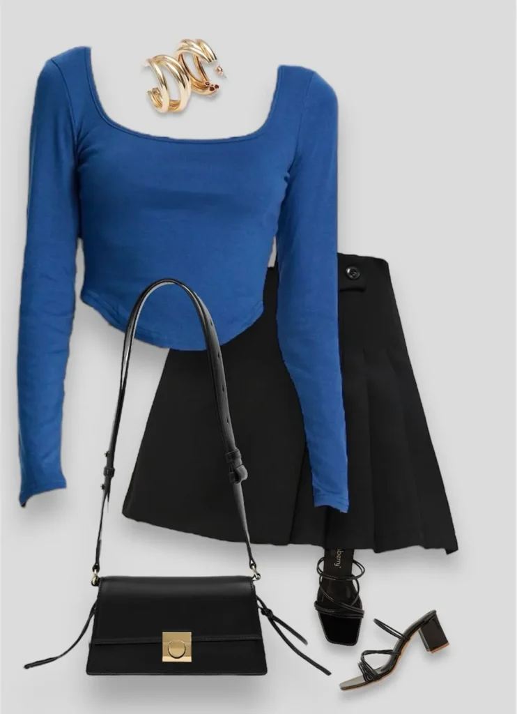 college fest outfit, party wear outfit, pullover blouse, flared skirt, sling bag